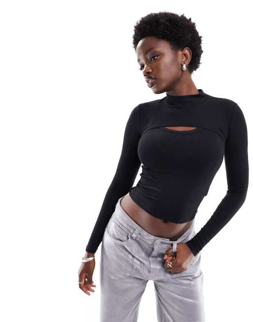 Black Cotton Long Sleeve Crop Top, Tops