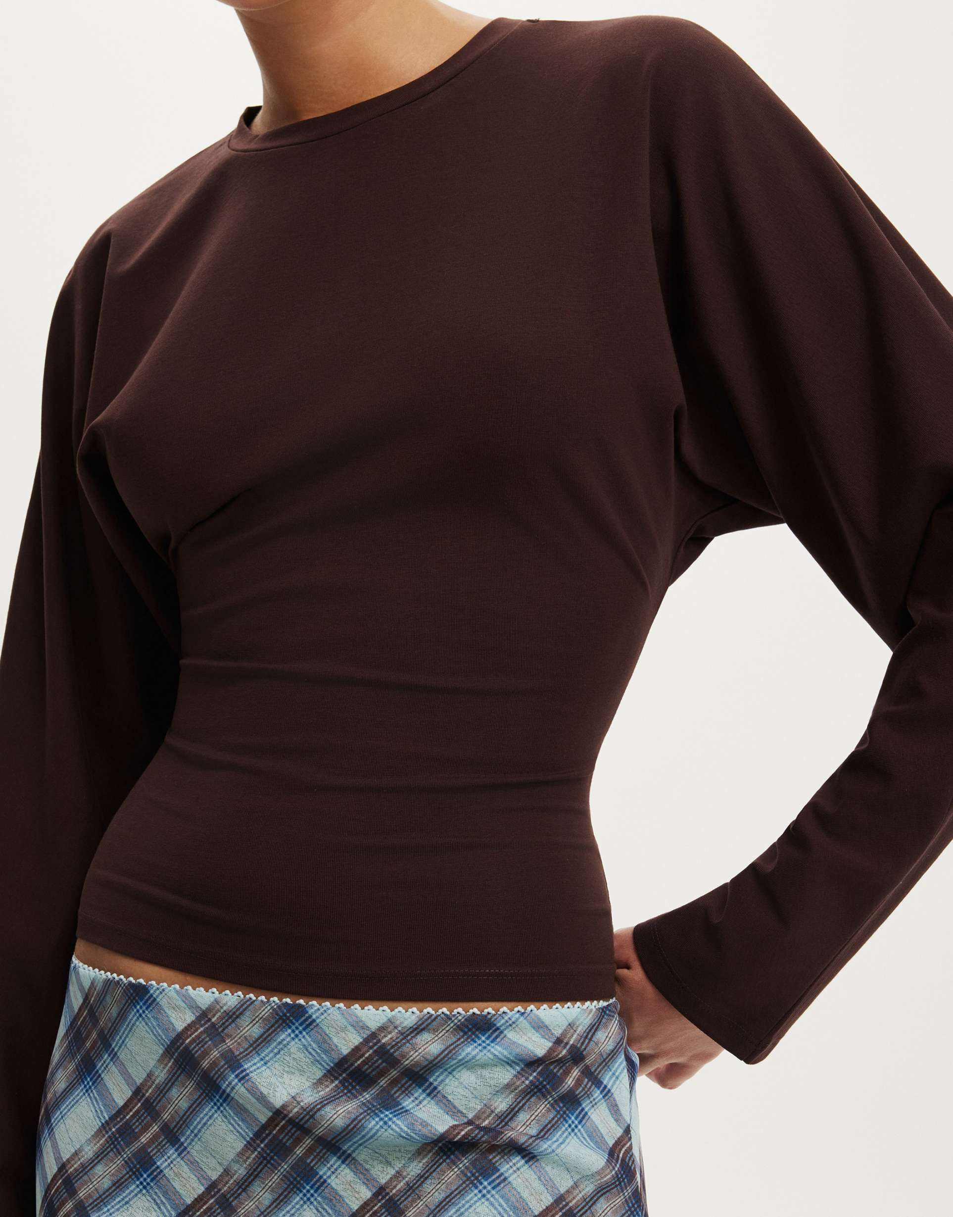 Cotton On Blair batwing cinched  long sleeve top in brown