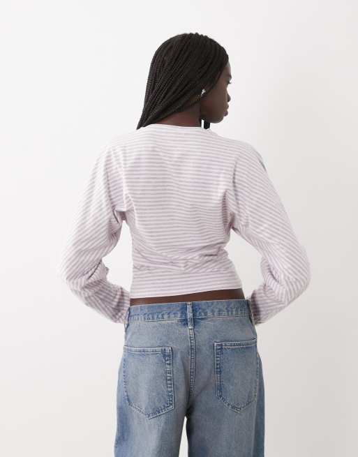 Cotton On Blair långärmad topp med pingvinärm i madi stripe cosmic star, mörk ek, 4 av 4