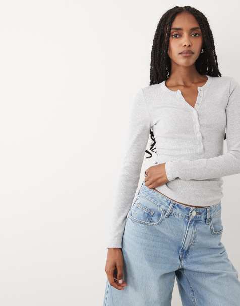 Cotton On – Blake – Gråmelerad henley-topp med långa ärmar och knäppning - view 1