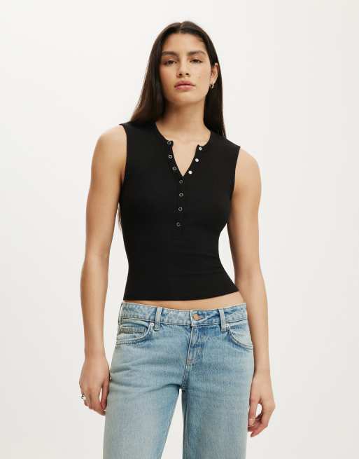 Cotton On Blake rib henley tank in black, 2 of 4