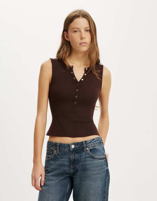 Cotton On Blake rib henley tank in dark oak, 2 of 4