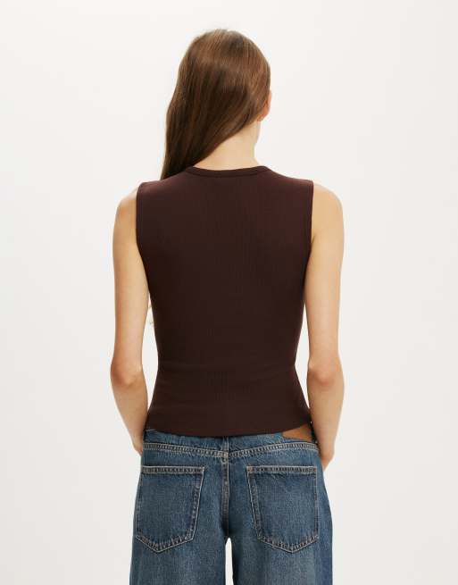 Cotton On Blake rib henley tank in dark oak, 4 of 4