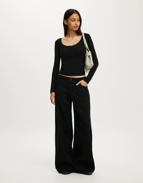 Cotton On Blake rib scoop henley long sleeve in black