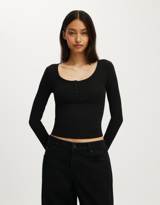 Cotton On Blake rib scoop henley long sleeve in black, 2 of 4