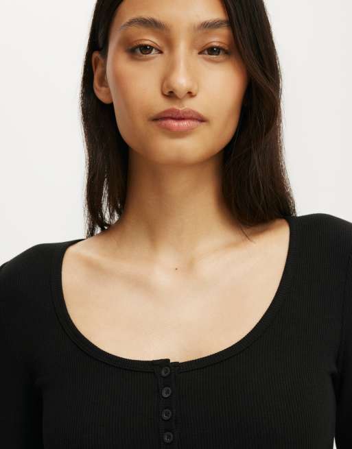 Cotton On Blake rib scoop henley long sleeve in black, 3 of 4