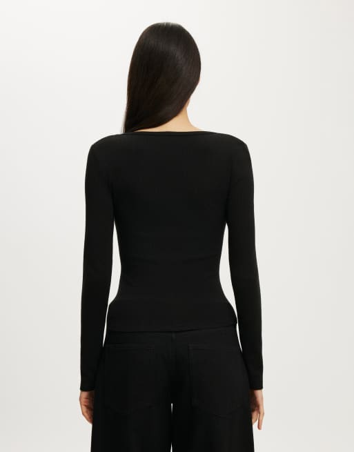 Cotton On Blake rib scoop henley long sleeve in black, 4 of 4
