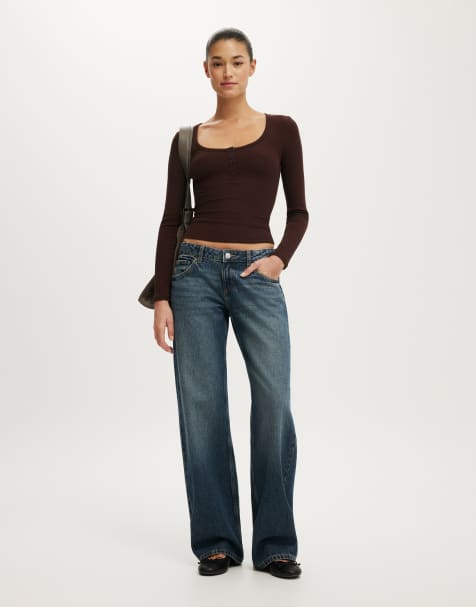 Cotton On Blake rib scoop henley long sleeve in dark oak
