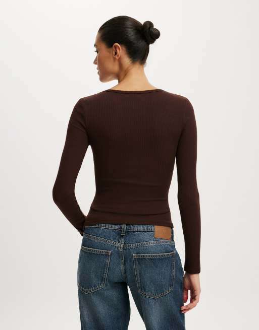 Cotton On Blake rib scoop henley long sleeve in dark oak, 4 of 4