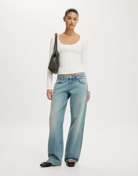 Cotton On Blake rib scoop henley long sleeve in vintage white