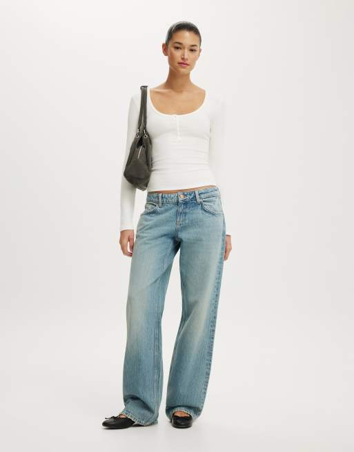 Cotton On Blake rib scoop henley long sleeve in vintage white, 1 of 4