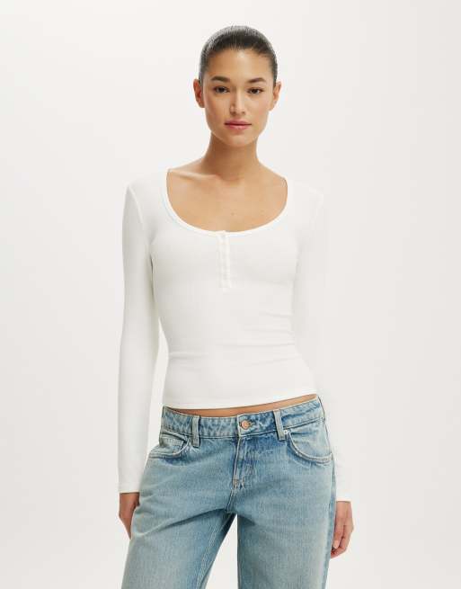 Cotton On Blake rib scoop henley long sleeve in vintage white, 2 of 4