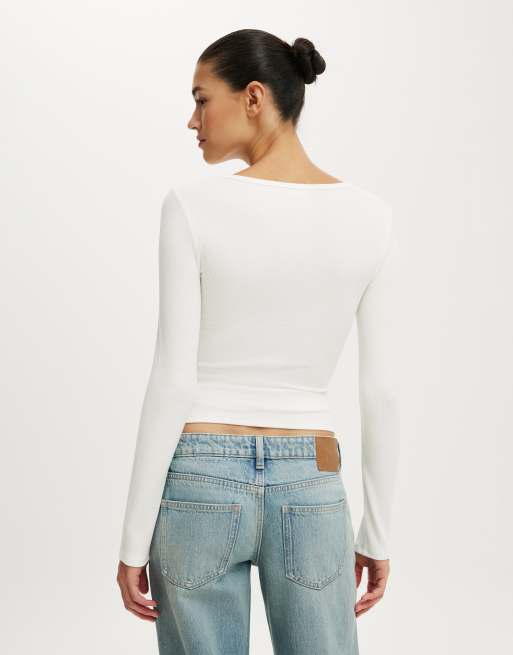 Cotton On Blake rib scoop henley long sleeve in vintage white, 4 of 4