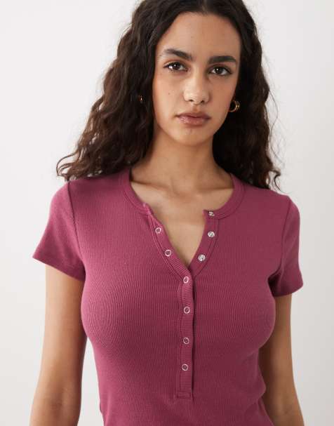 Cotton On blake short sleeve button down top in rich plum - view 1