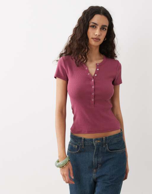 Cotton On Blake short sleeve button down top in rich plum, 3 of 4