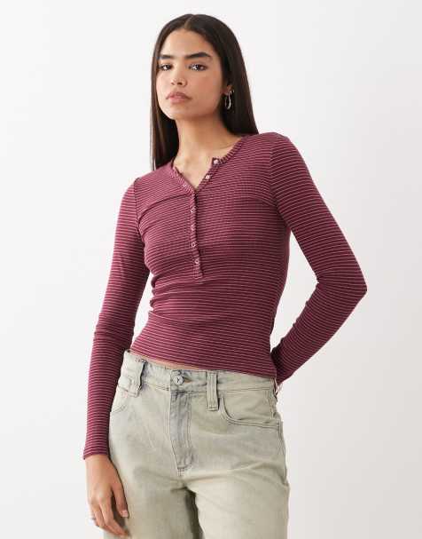Cotton On - Blake - Top color grosella a rayas lisa de manga larga con cuello panadero de terciopelo - view 1