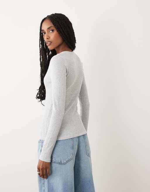 Cotton On - Blake - Top serafino a maniche lunghe grigio mélange con bottoni, 4 di 4