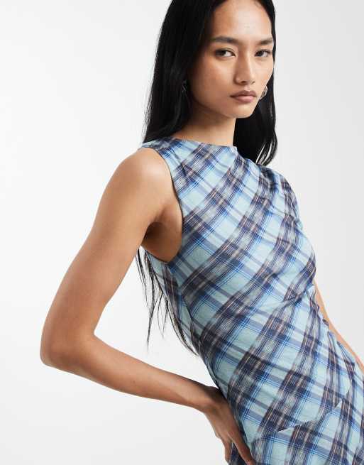 Cotton On – Blårutig miniklänning i mesh med asymmetrisk fåll, 4 av 4
