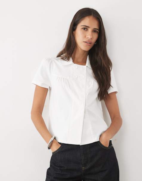 Cotton On - blusa babydoll con cuello bebé en blanco - view 1