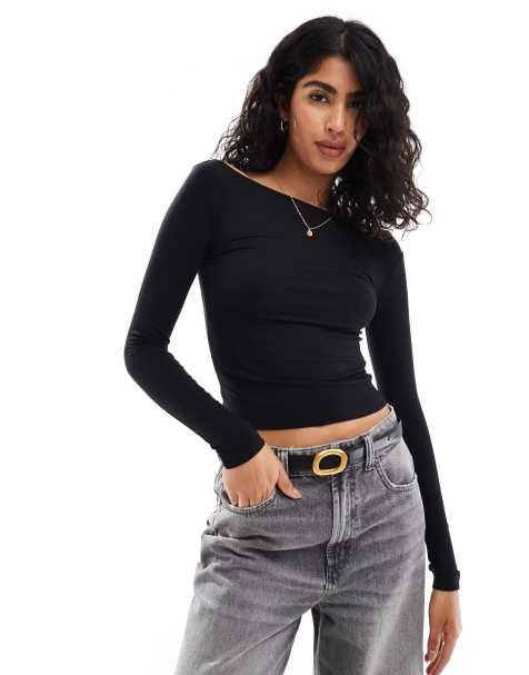 Cotton On boat neck long sleeve top in black - view 1