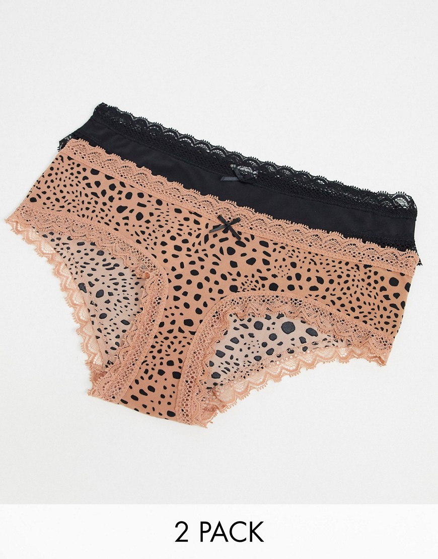 Cotton On Body 2 pack briefs with lace trim in black and leopard-Multi