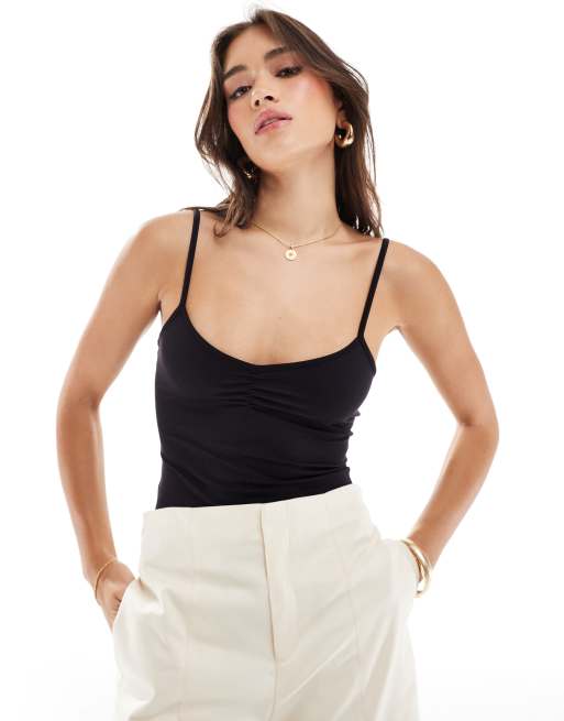 Cotton On - Body nero con bustino arricciato e spalline sottili