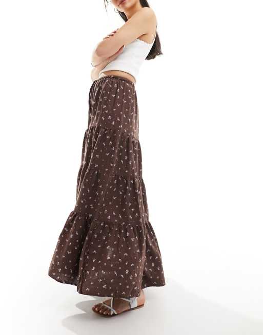 Cotton On - Boho maxirok met stroken en fijne vintage print in bruin 