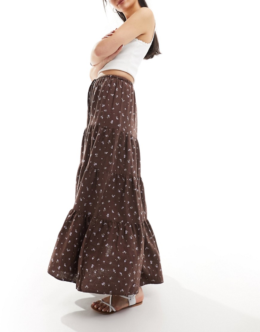 Cotton On boho tierred maxi skirt in vintage brown ditsy