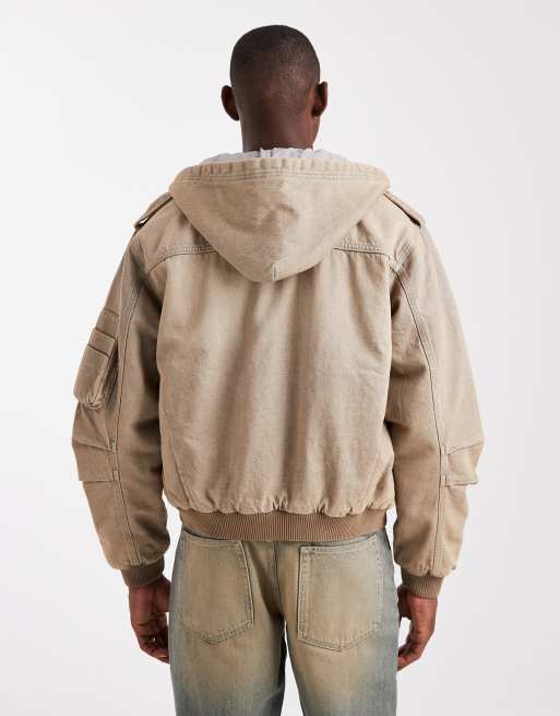 Cotton ON – Bomberjacke aus Denim in verwaschenem Wüstengrau mit Kapuze, 3 von 5