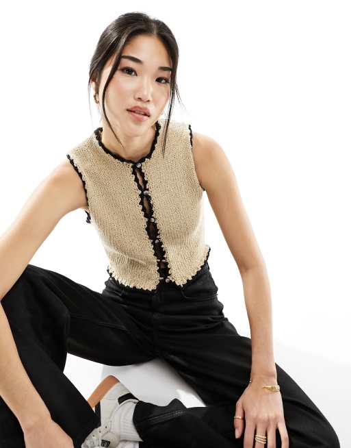 Cotton On boucle blanket stitch crop singlet in shortbread 