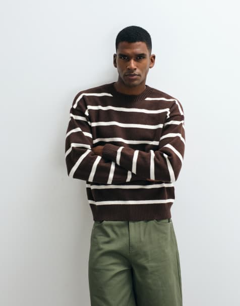 Cotton On box fit crew knit in chocolate stripe - view 1