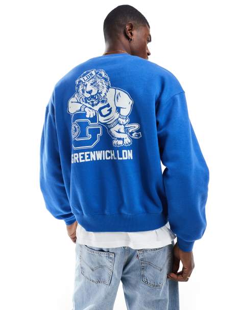 Cotton On box fit crew neck sweat with tiger graphic in blue - view 1
