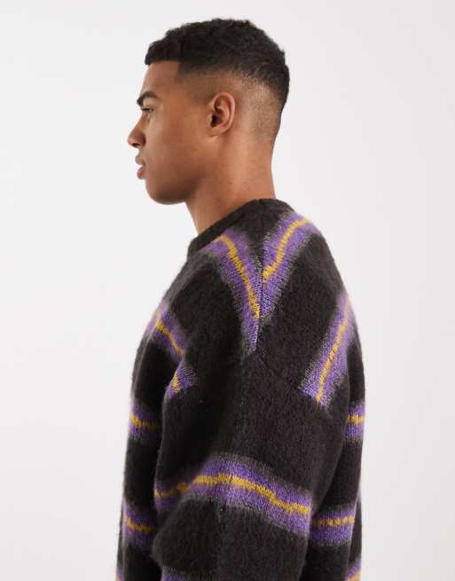 Cotton On box fit fuzzy crew knit in black stripe, 4 of 5