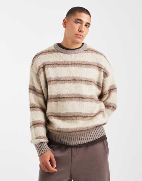 Cotton On box fit fuzzy crew knit in grey stripe - view 1