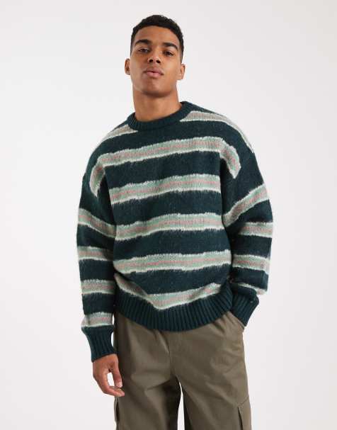 Cotton On box fit fuzzy crew knit jumper in green stripe - view 1