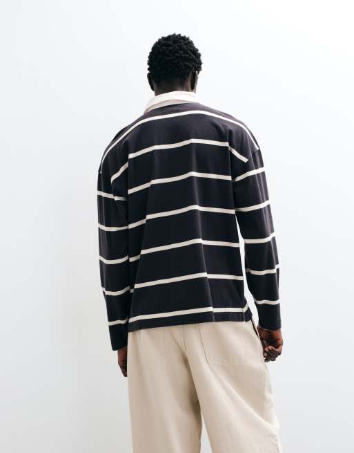 Cotton On box fit long sleeve polo top in black bold stripe, 5 of 5