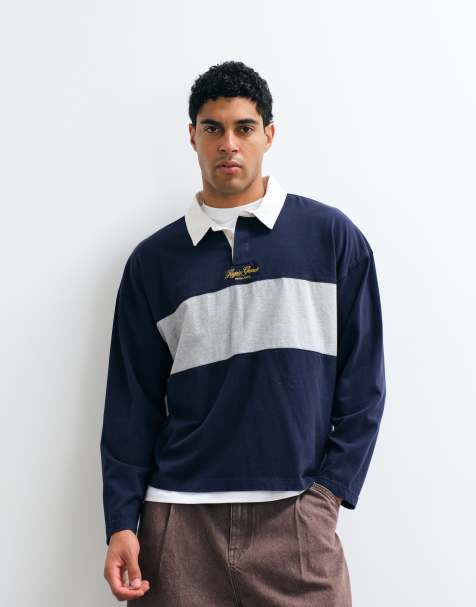 Cotton On box fit long sleeve polo top in blue panel - view 1
