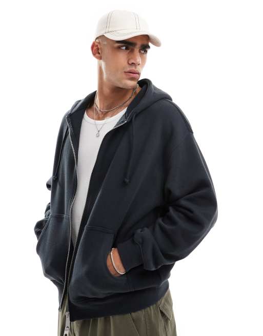 Cotton On box fit zip up hoodie in washed black