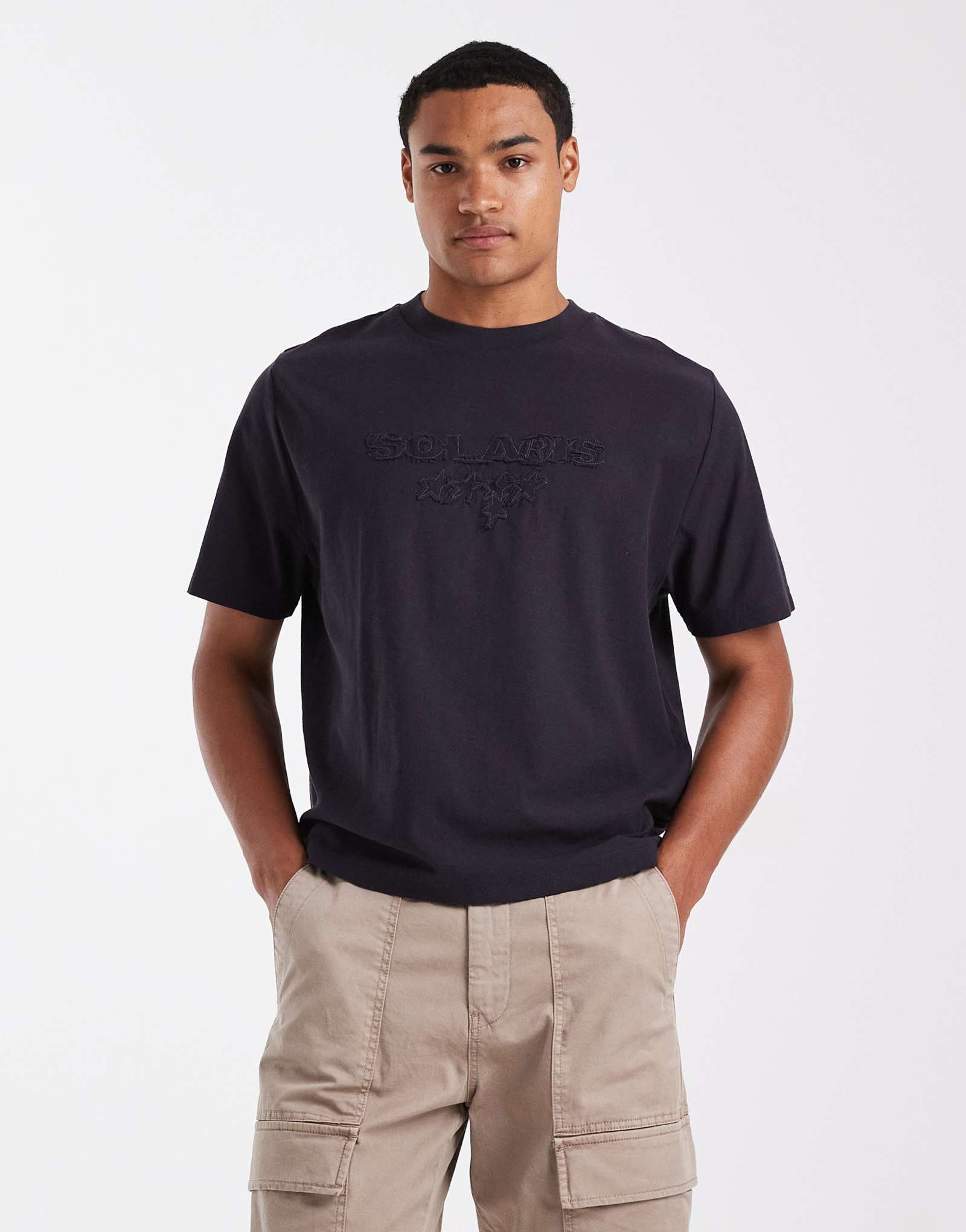 Хлопковая футболка свободного кроя с надписью темно-синего цвета