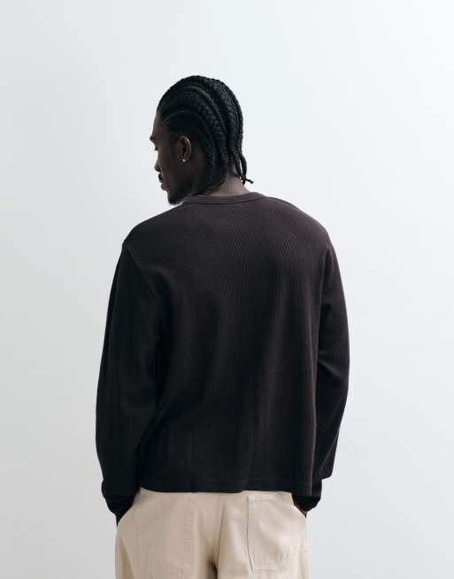Cotton On boxy fit textured wafle long sleeve top in brown, 4 of 5