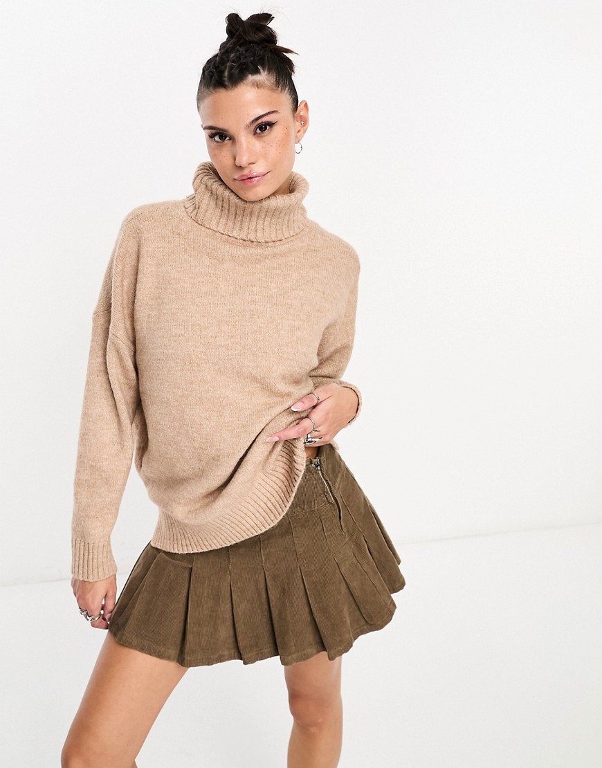 Cotton:On Cotton On boxy fit turtle neck sweater in chestnut heather with balloon sleeves-Brown