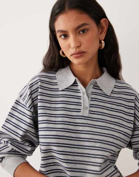 Cotton On boxy long sleeve polo knit top in multi striped print - view 1