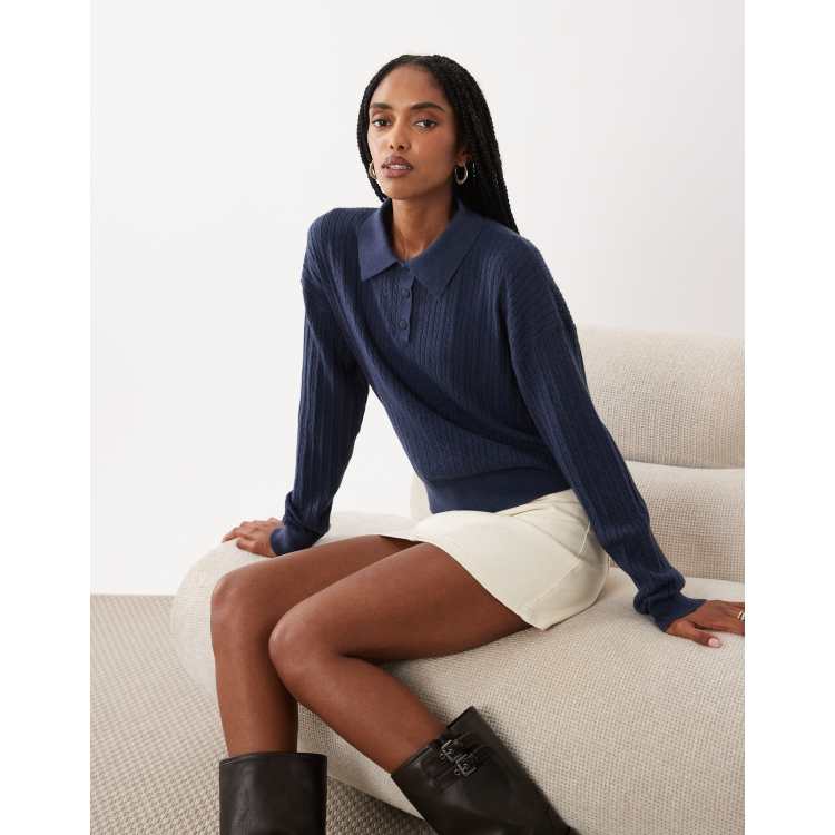 Cotton On boxy long sleeve polo top in navy cable knit | ASOS