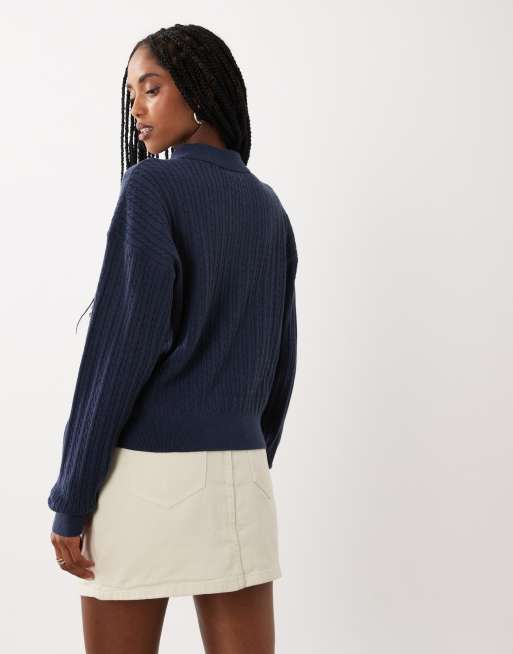 Cotton On boxy long sleeve polo top in navy cable knit, 4 of 4
