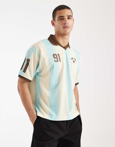 Cotton On boxy oversized sporty graphic polo in blue ivory stripe - view 1