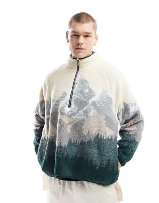 Cotton:On Cotton On boxy quarter zip fleece with mountains in bone-Multi