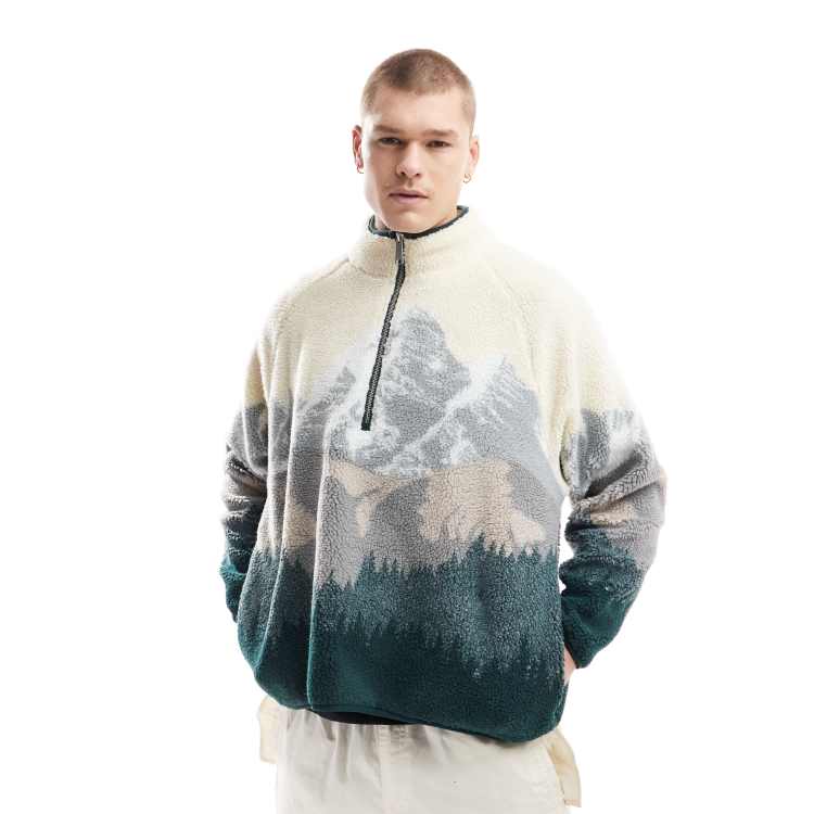 Cotton On boxy quarter zip fleece with mountains in bone