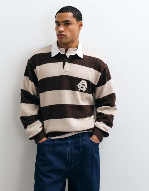 Cotton On boxy rugby polo in mocha bold stripe - view 1
