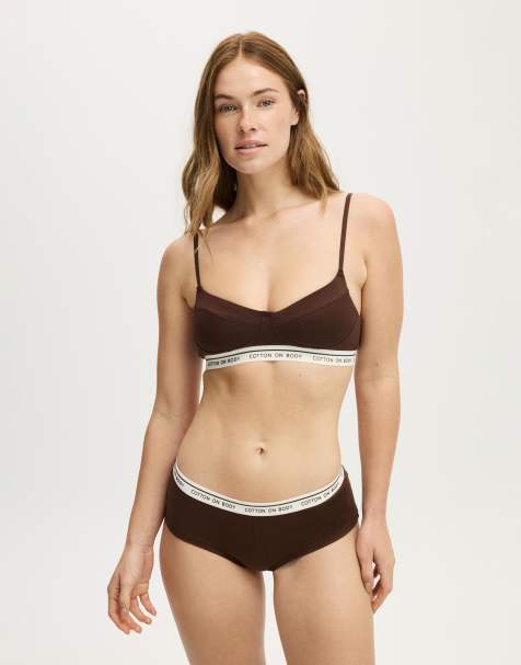 Cotton On Branded cotton balconette bralette in brown - view 1