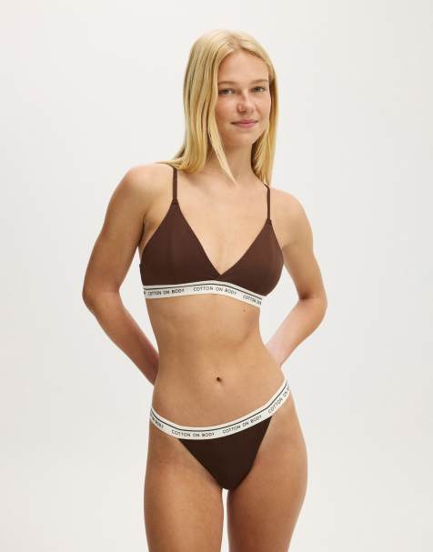 Cotton On Branded cotton cross over bralette in brown - view 1